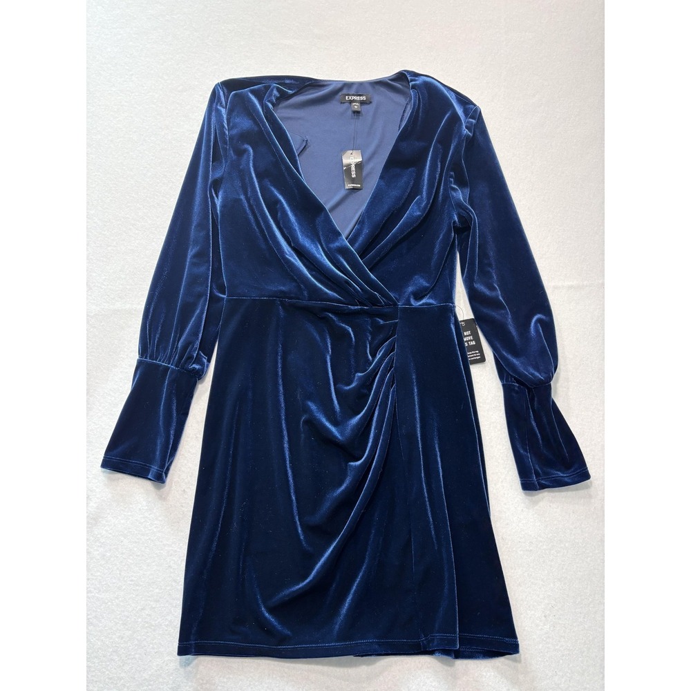 Express Dress Womens Medium Blue Velvet Wrap V Neck Ruched Long Sleeve Party